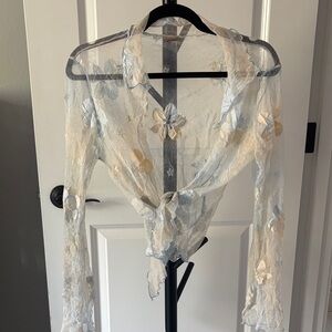 Sheer Floral Tie-Front Blouse in Light Blue and Cream, best fits S-M